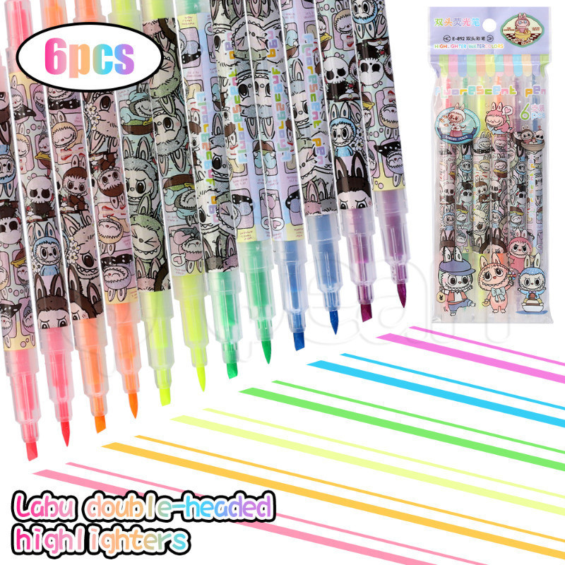 6 ชิ้น Labubu ปากกาเน้นข้อความสองหัว - บัญชีมือ DIY - ปากกาวาดภาพสีหมึก - เครื่องหมายศิลปะสําหรับของขวัญนักเรียน - ปากกาเรืองแสง - อุปกรณ์การเรียน