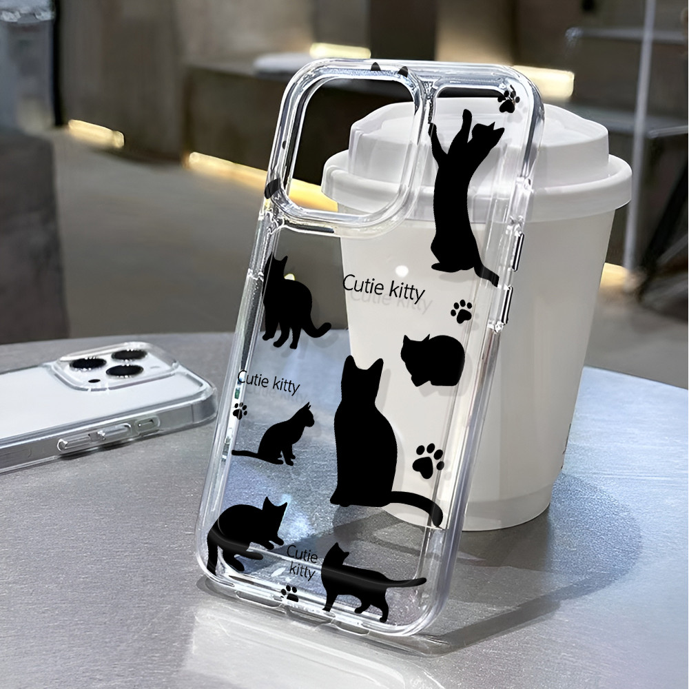 โปร่งใสสําหรับ iphone 16 pro Max 11 15promax 14 13 12 7Plus X XS Max 8 7 น่ารักแมวดํากันกระแทก