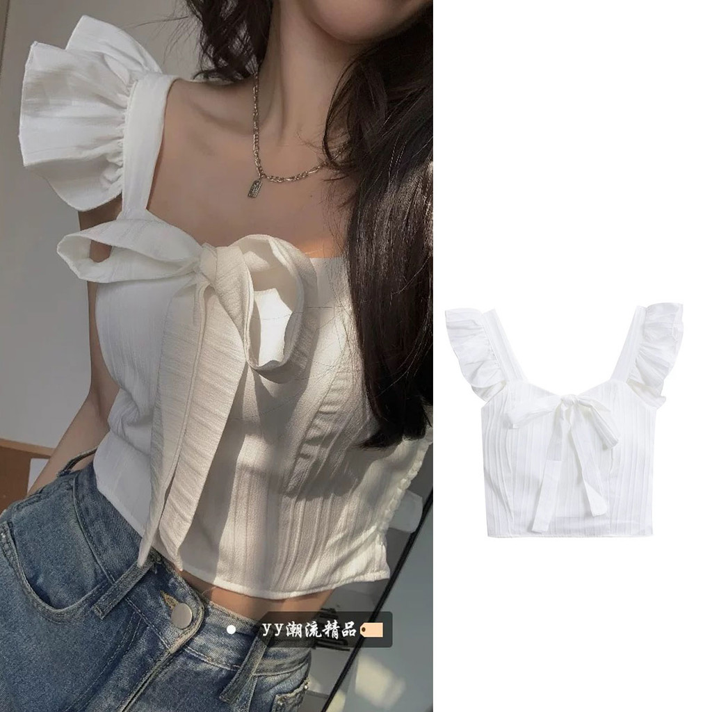 Dahong 82148 เสื้อกล้าม เสื้อกล้ามครอป คอเหลี่ยม ผ้าถัก ประดับโบว์ สําหรับผู้หญิง