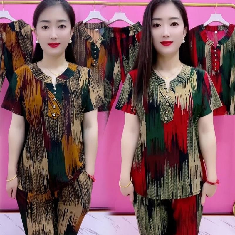 ฤดูร้อนแม่ชุดสูทแขนสั้นผ้าไหมน้ําแข็งสไตล์ใหม่แฟชั่นหลวมพิมพ์ชุดสูทขนาดใหญ่