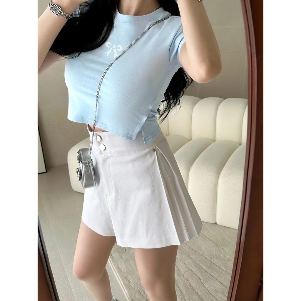 Lovito เสื้อยืดผู้หญิง ลายโบว์ แต่งผ่า สีพื้น สไตล์เพร็พพี่ L91ED289