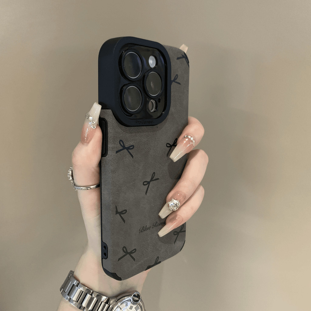 หรูหราสีเทาขนbowknot KTเคสโทรศัพท์สําหรับiPhone16 Pro Max 15 14 13 12 11 Pro MaxปลอกAnti-Shockป้องกันกล้องFrostedนุ่มปกหลัง