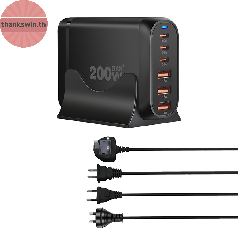 Thankswin 200W 6 พอร์ต USB Type-C Fast Charger Multi-function Desk Charger Power Station สําหรับโทรศ