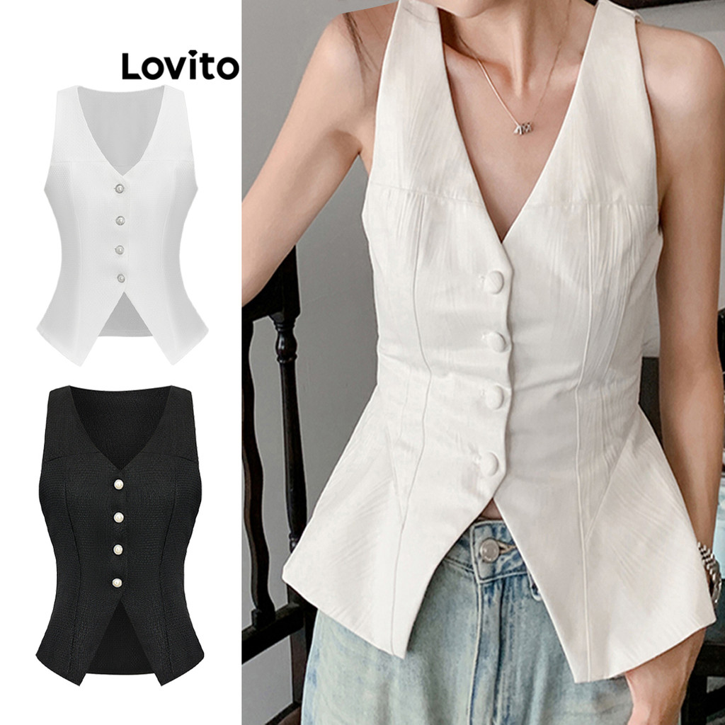 Lovito เสื้อแขนกุด แต่งกระดุมมุก สีพื้น สไตล์ลำลอง L67AD039 (สีขาว)