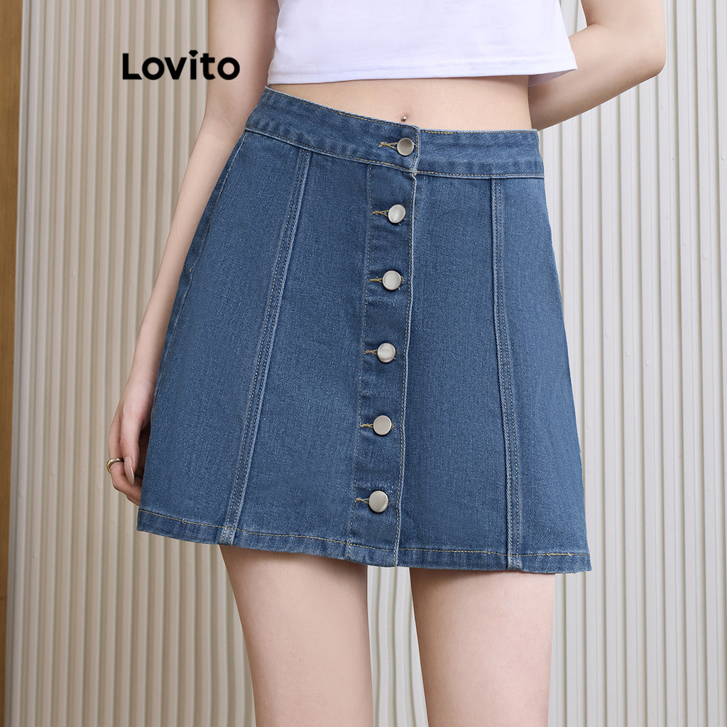 Lovito กระโปรงยีนส์กระดุมธรรมดา โบโฮ สำหรับผู้หญิง L99ED370