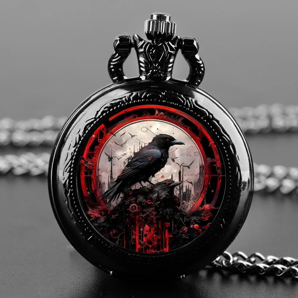 Evil Raven Pattern Pocket Watch สําหรับผู้ชายนาฬิกาสไตล์วินเทจ
