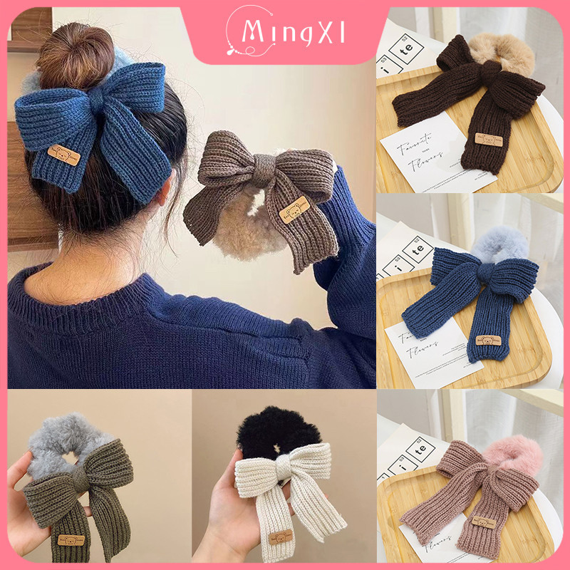 ใหม่ฤดูใบไม้ร่วงและฤดูหนาวทําด้วยผ้าขนสัตว์ Bow Scrunchies หญิงน่ารักหมีเชือกผมเครื่องประดับผม