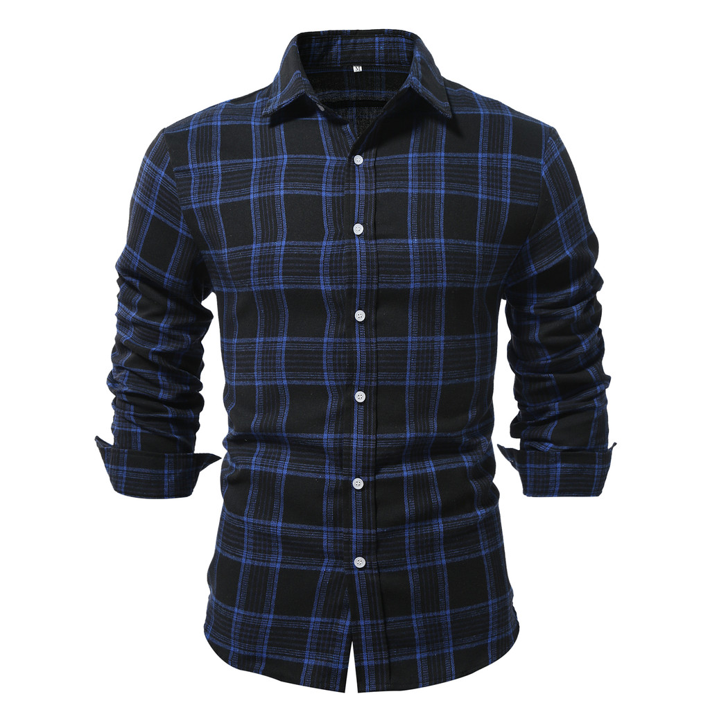 เสื้อลําลองเสื้อเชิ้ตสําหรับผู้ชายลายสก๊อตสีฟ้าแขนยาวปุ่มลงเสื้อเชิ้ตผู้ชายตรวจสอบใหม่ฤดูใบไม้ร่วงฤดูหนาว