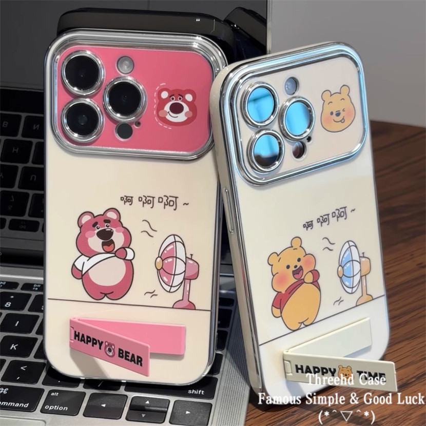 SAMSUNG สําหรับsamsung A55 A15 A05 A03s A05s A04 A50 A14 A13 A12 A11 A10 A04E A24 A22 A32 A54 หรูหราชุบโลหะขนาดใหญ่หน้าต่างกรณีน่ารักคู่หมีกันกระแทกนุ่ม