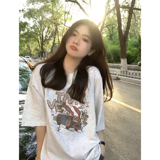 COD✅ (จัดส่งในกรุงเทพฯ) MAO Shop Printed T-shirt，เสื้อยืดพิมพ์ลายการ์ตูนรถบัสสีน้ําตาลอเมริกัน oversize #53964