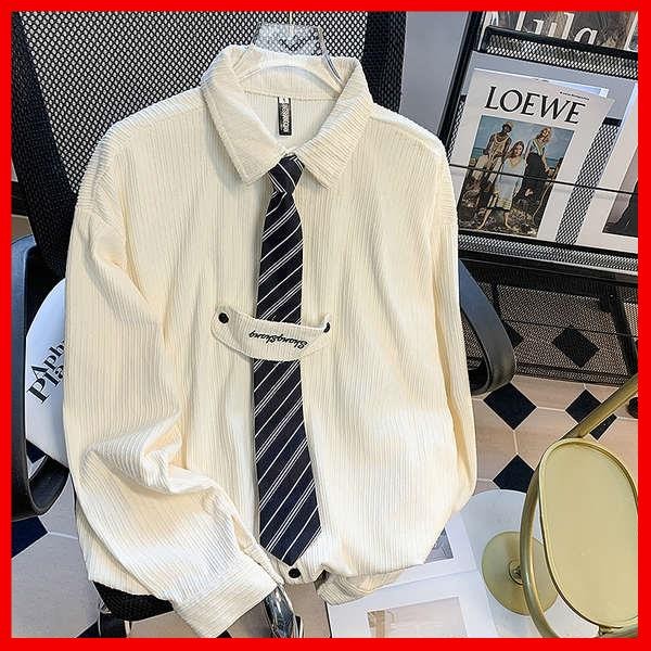 เสื้อโปโลชาย เสื้อเชิ้ตผ้าลูกฟูกสำหรับผู้ชายแขนยาวฤดูใบไม้ผลิและฤดูใบไม้ร่วงเสื้อแจ็คเก็ตลำลองนักเรียนอินเทรนด์สไตล์ญี่ปุ่นเสื้อเชิ้ตเนกไทแบรนด์ยอดนิยม