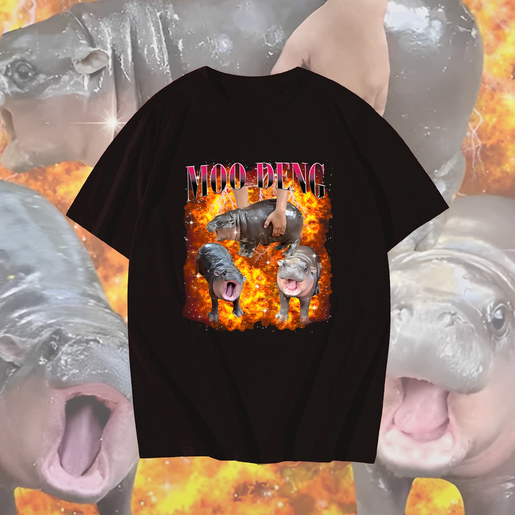 2024 เสื้อหมูเด้ง ขาหมู แอนด์เดอะแก๊ง Moodeng hippo T-Shirt ผ้าCotton 100% ใส่สบาย ไม่หด ไม่ย้