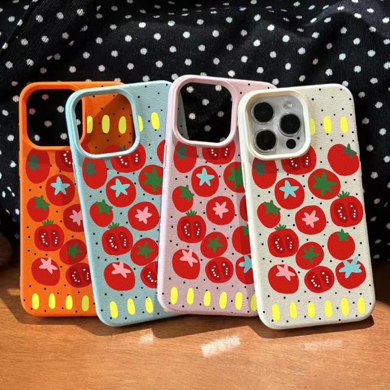 Creative การ์ตูนมะเขือเทศสําหรับ IPhone 16 11 14 12 13 15 Pro Max XR 14 16 15 Plus X XS Max Creative Dopamine น่ารัก Graffiti หรูหราหนังผิวรู้สึกนุ่มกรณี