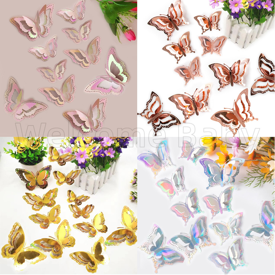 12/24/36 ชิ้น 3D ผีเสื้อสติ๊กเกอร์ติดผนัง 3 ชั้นทอง RoseGold ตกแต่ง Butterflaies สําหรับงานแต่งงานตกแต่งงานเลี้ยงวันเกิด