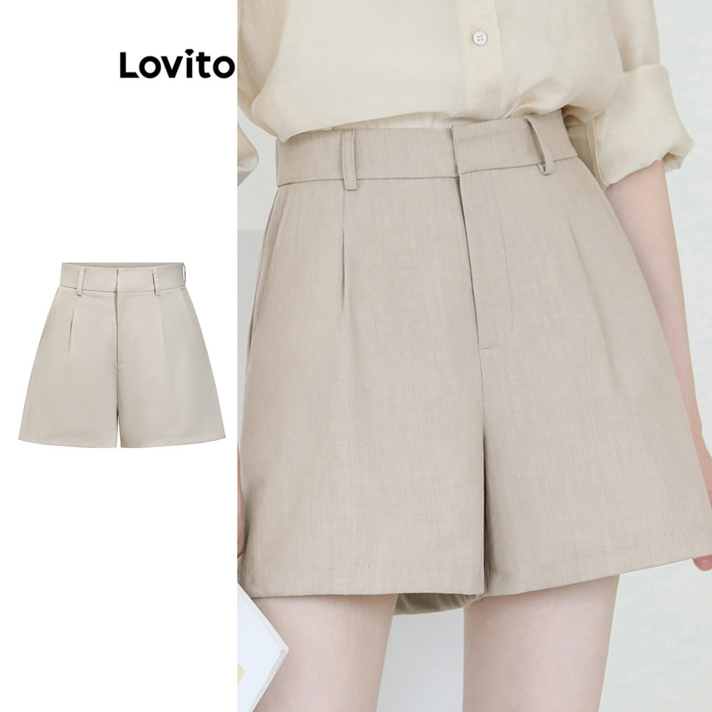 Lovito กางเกงขาสั้นผู้หญิง แต่งจีบ สีพื้น สไตล์หรูหรา L86ED150