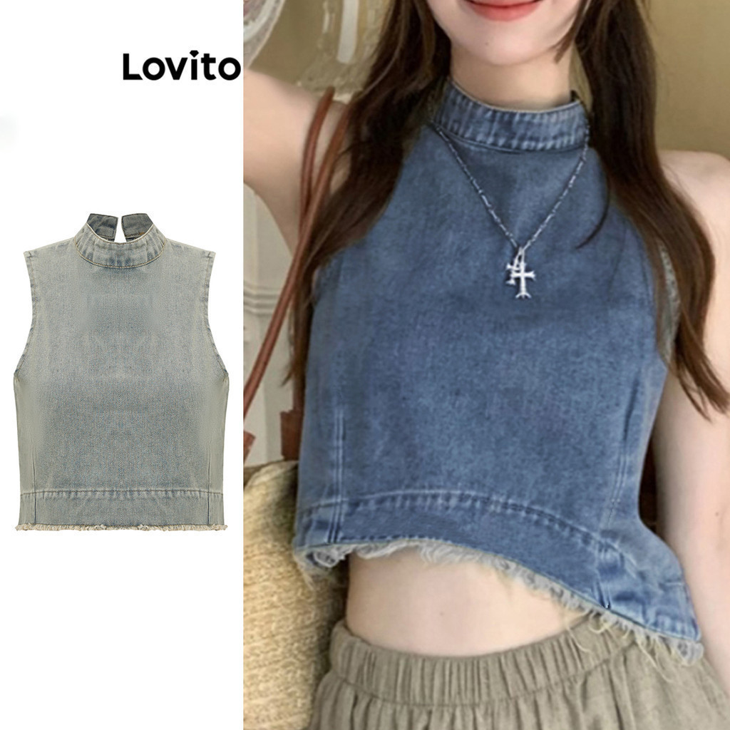 Lovito เสื้อยีนชายรุ่ย ไม่เสมอกัน สีพื้น สไตล์ลำลอง สำหรับผู้หญิง LNA21128 (หลากสี)