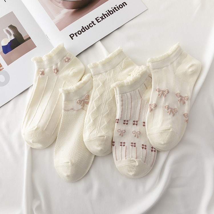 JH SHOP ถุงเท้าข้อสั้น (5ลาย/10คู่) ถุงเท้าแฟชั่นเกาหลี เนื้อผ้านุ่มงานถักอย่างดี ลายดอกไม่ NO.B60