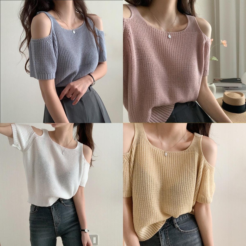 เสื้อถักไหมพรมผู้หญิง เสื้อยืดแฟชั่นสไตล์เกาหลี แขนสั้นผ้านิ่มใส่สบาย ผ้าไหมพรมผู้หญิง#1319Clothing Lady