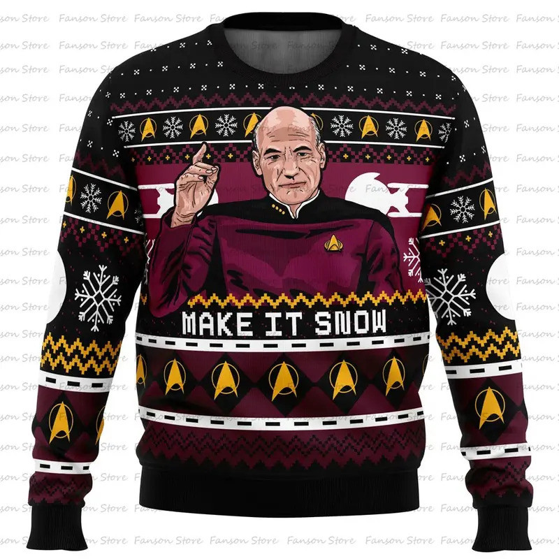 Captain Picard Star Trek Ugly Christmas เสื้อกันหนาวการ์ตูนอะนิเมะผู้หญิงผู้ชายเสื้อสวมหัว 2025 ใหม่