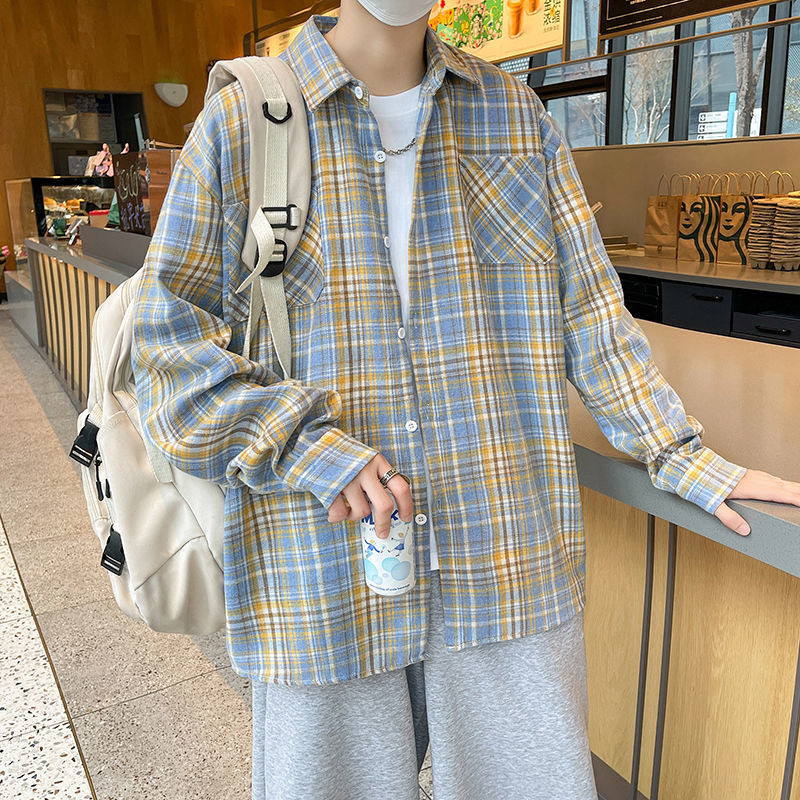 sad American Street สวมใส่ Contrast สี Checked เสื้อผู้ชายฤดูใบไม้ผลิฤดูใบไม้ร่วงสไตล์ใหม่เสื้อแขนยาวหลวมเt hgj
