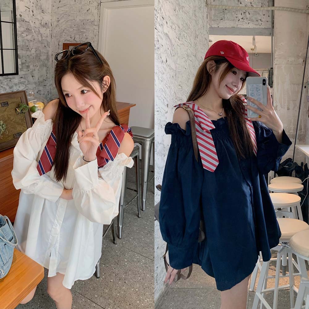ใหม่ผู้หญิงเวอร์ชั่นเกาหลีสีหวานสีตัดกันหนึ่งไหล่โบว์เสื้อแขนยาว 241005