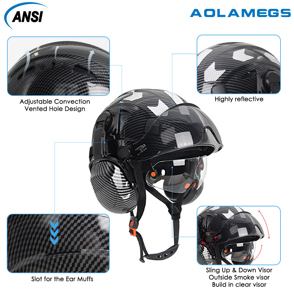 AOLAMEGS แว่นตาคู่คาร์บอนไฟเบอร์ความปลอดภัยหมวกคาร์บอนไฟเบอร์ปิดหูสติกเกอร์สะท้อนแสง CE ANSI