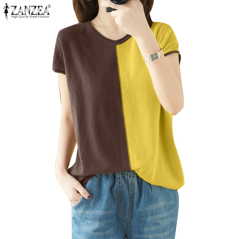 ZANZEA ใส่ ซานเซีย ผู้หญิงแฟชั่นเกาหลีคอวีแขนสั้นสีคมชัดเสื้อยืดหลวม