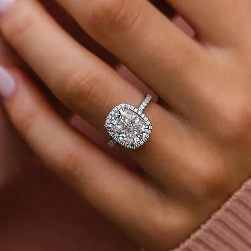 925 Steerling เงินผู้หญิงแหวนแต่งงานคริสตัล Brilliant Cubic Zirconia หรูหราแหวนหมั้นสําหรับคนรักแฟนใหม่อินเทรนด์เครื่องประดับ