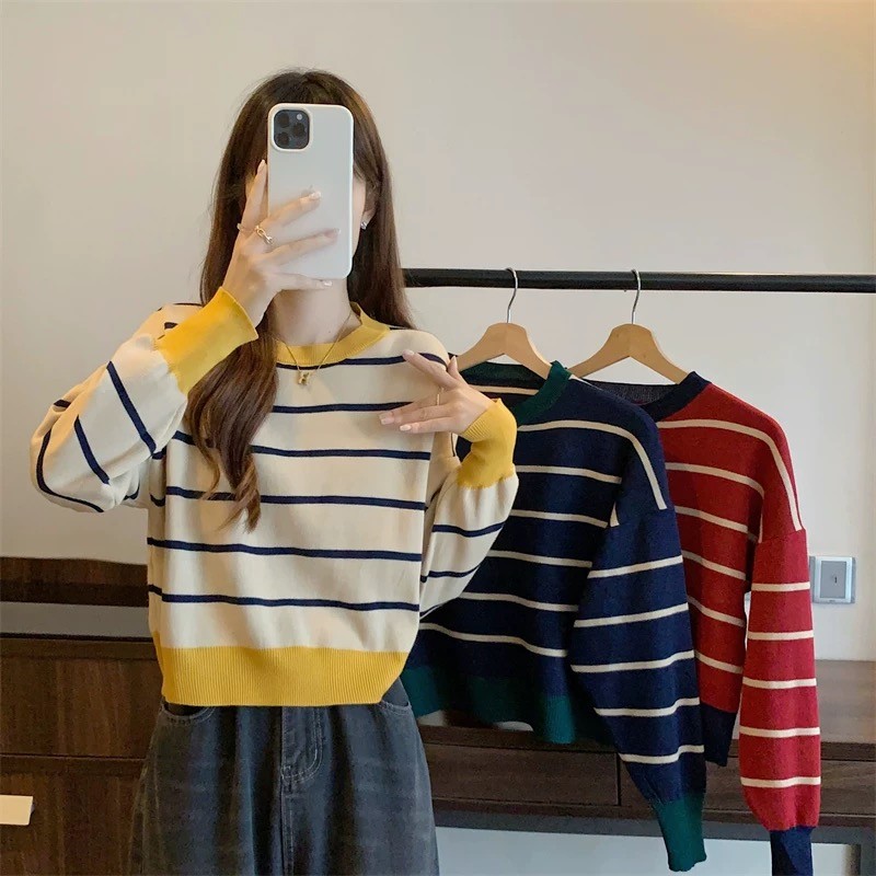 Dahong 1109 เสื้อแขนยาว ลายทาง คอกลม สไตล์เกาหลี น่ารัก