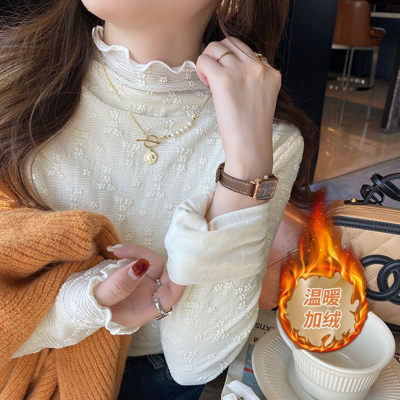 [Hi Girl] เสื้อตัวในลูกไม้คอครึ่งสูงสำหรับผู้หญิงสีขาว2024ใหม่ฤดูใบไม้ร่วงและฤดูหนาวเสื้อด้านในมีหูไม้ฤดูใบไม้ผลิฤดูใบไม้ร่วงและฤดูใบไม้ร่วงบวกเสื้อกำมะหยี่