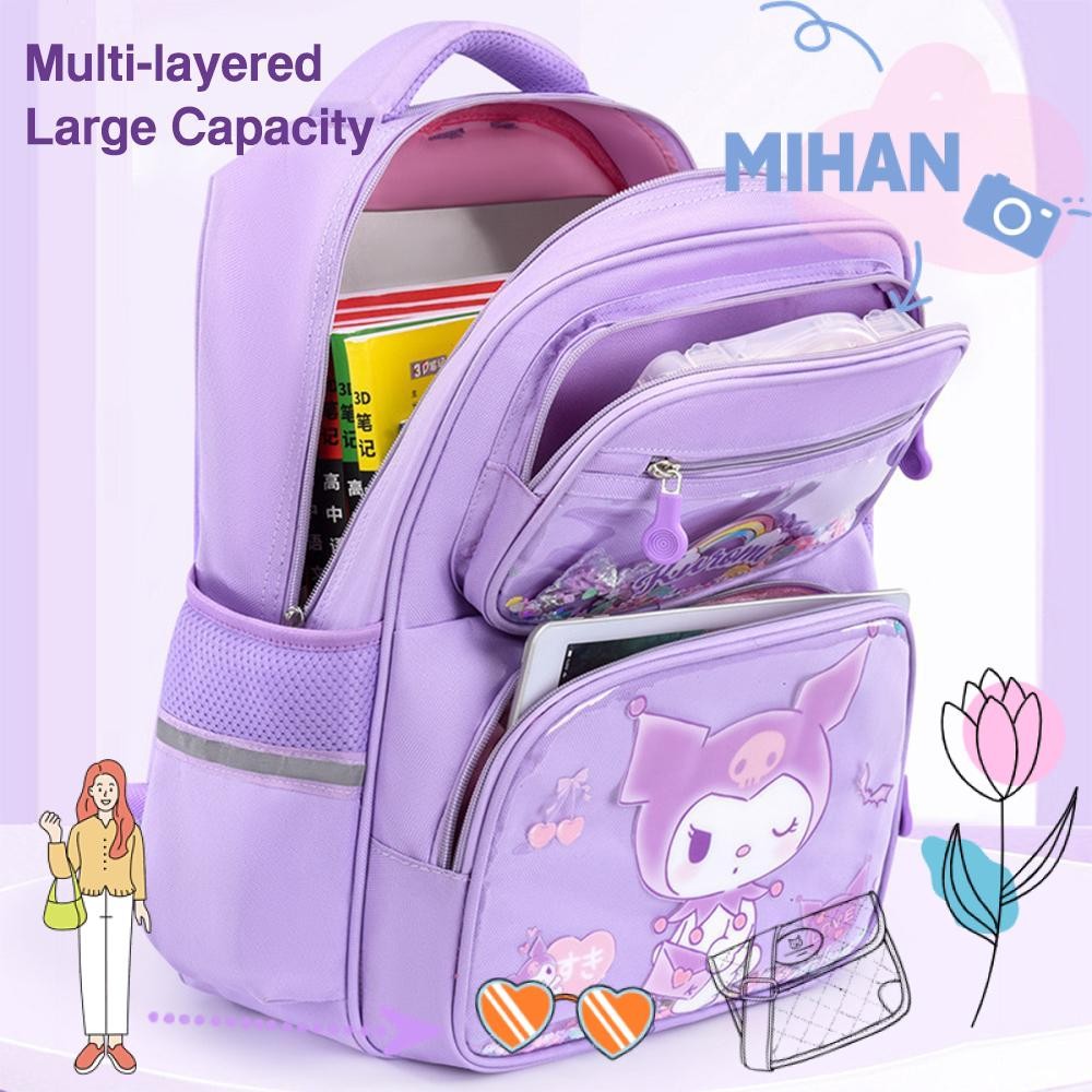 SANRIO เดือน กระเป๋านักเรียนสําหรับเด็กผู้หญิง,กระเป๋าเป้เด็กลายการ์ตูน คุโรมิ,กระเป๋าเป้โรงเรียนวัยรุ่น ซานริโอ น่ารักสําหรับนักเรียนชั้นประ