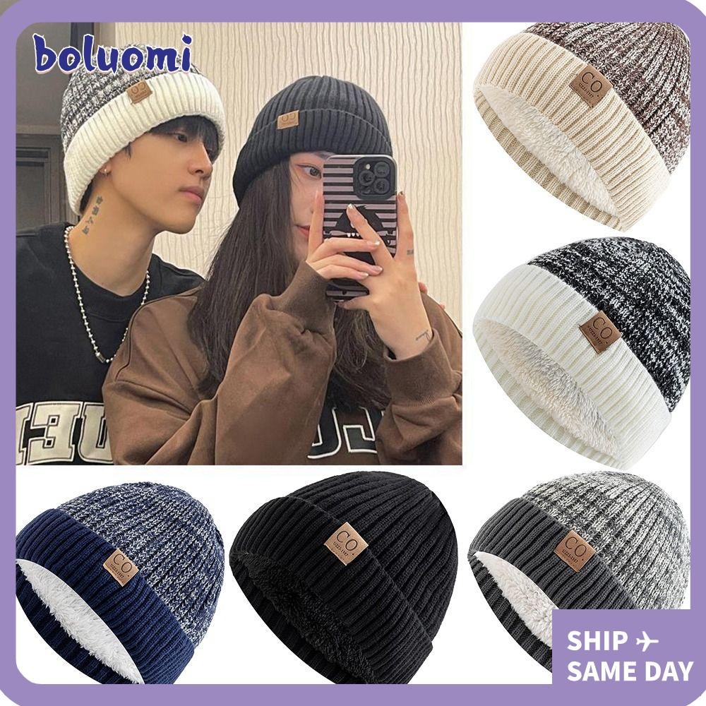 Boluomi หมวกกันหนาวผู้ชาย,ขนแกะเรียงรายหมวกถักที่อบอุ่น,Vintage Thickenกันลมลายถัก Beaniesผู้หญิงผู้ชาย