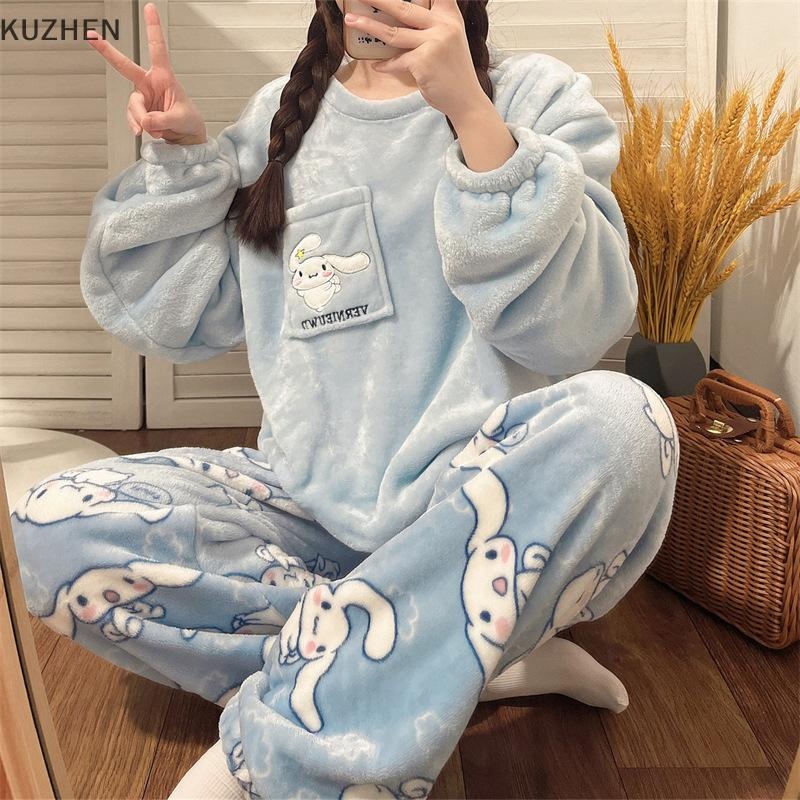 [บ้านตลก] 1เซ็ตการ์ตูนหวานอะนิเมะชุดนอนสําหรับผู้หญิงสาว น่ารัก ปะการังกํามะหยี่ฤดูหนาวที่อบอุ่นชุดนอนแฟชั่นอเนกประสงค์บ้านสวมใส่ของขวัญหุ้นใหม