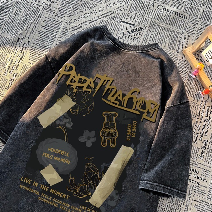 (จัดส่งตลอด 24 ชั่วโมง)Woo Right เสื้อยืดฟอก oversize cotton100 แฟชั่นย้อนยุคผู้ชาย