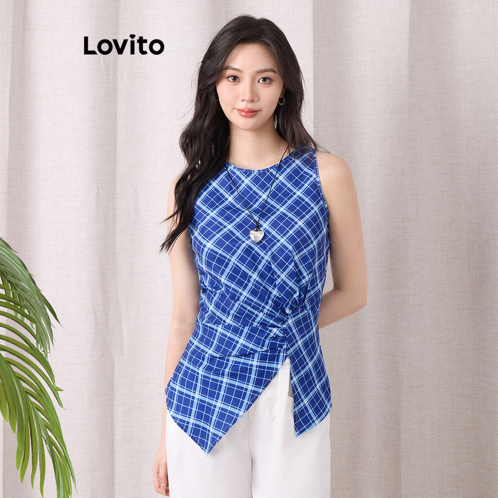 Lovito เสื้อกล้ามจีบซิปลายสก๊อตแบบสบาย ๆ สำหรับผู้หญิง L105MD455