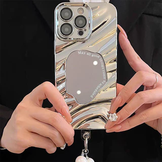 เคสโทรศัพท์มือถือกระจกแต่งหน้า for iPhone 16 15 11 13 12 14 17 Pro Max 7 Plus 8 Plus XR X XS MAX ลายหยัก เคสกันกระแทก