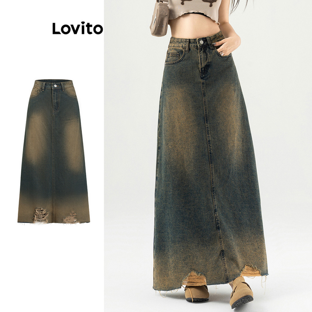 Lovito กระโปรงยีนส์หนวดแมวฉีกขาดสบาย ๆ สำหรับผู้หญิง L106AD908
