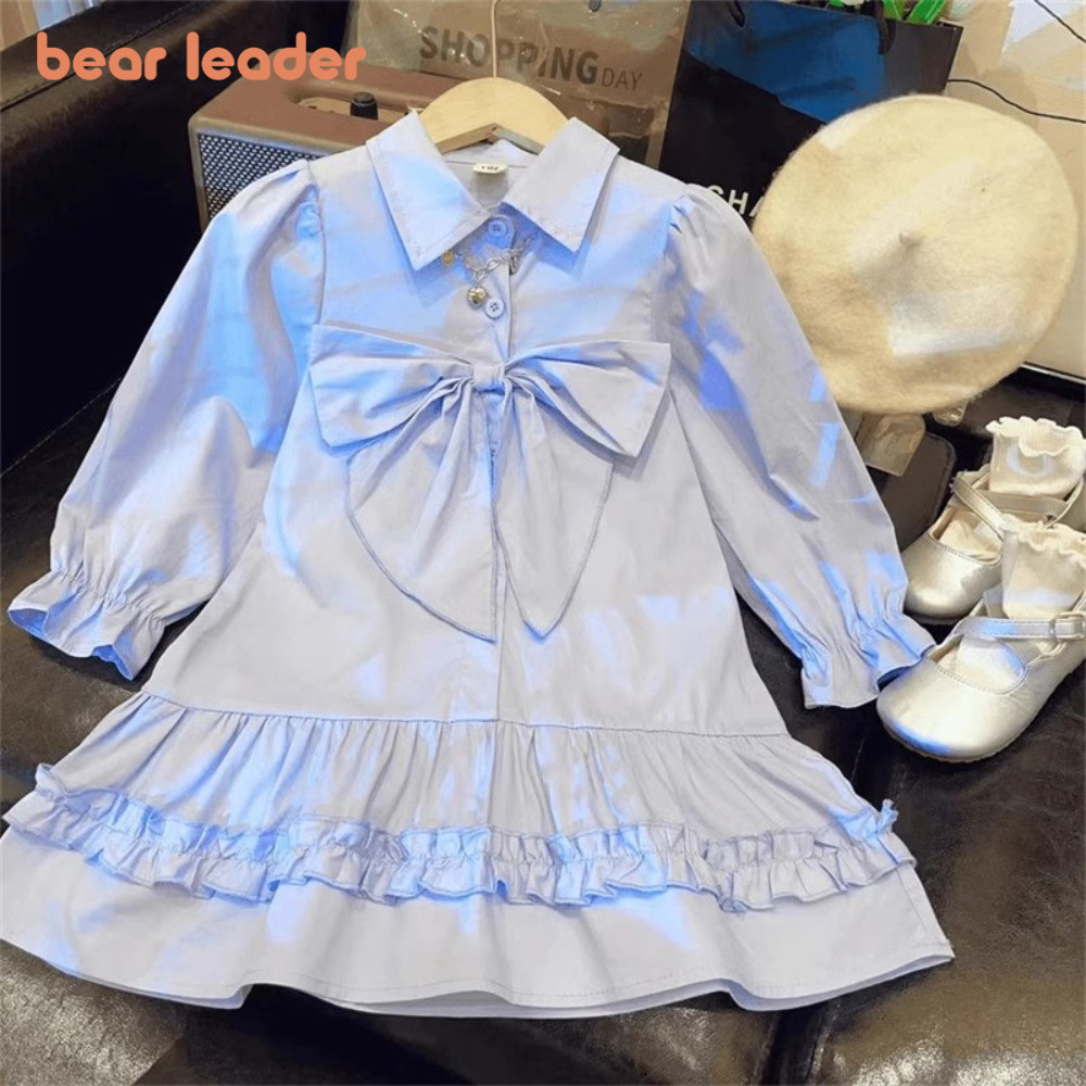หมีผู้นําธรรมดาเวอร์ชั่นเกาหลีสาวชุดฤดูใบไม้ผลิและฤดูใบไม้ร่วงปกโบว์แขนยาวสบายๆเสื้อผ้าเด็ก