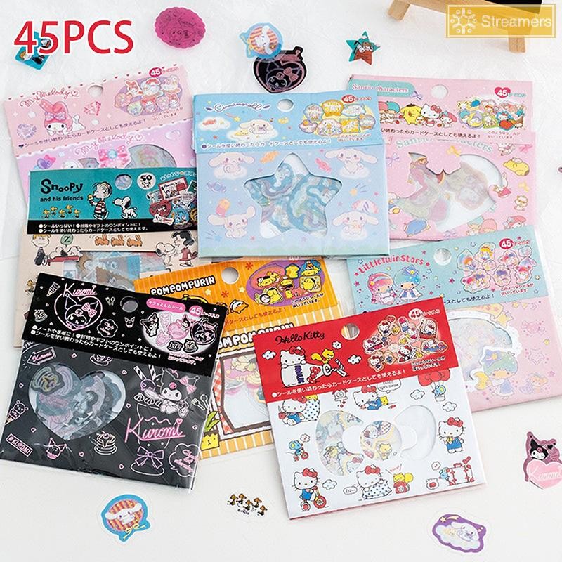 SANRIO {Streamers} 45 ชิ้น/แพ็คน่ารักการ์ตูนSanrioสติกเกอร์Melody Kuromi Cinnamoroll Pompompurin Little Twin Stars DIYสติกเกอร์ตกแต่งรูปลอกของเล่นใหม่
