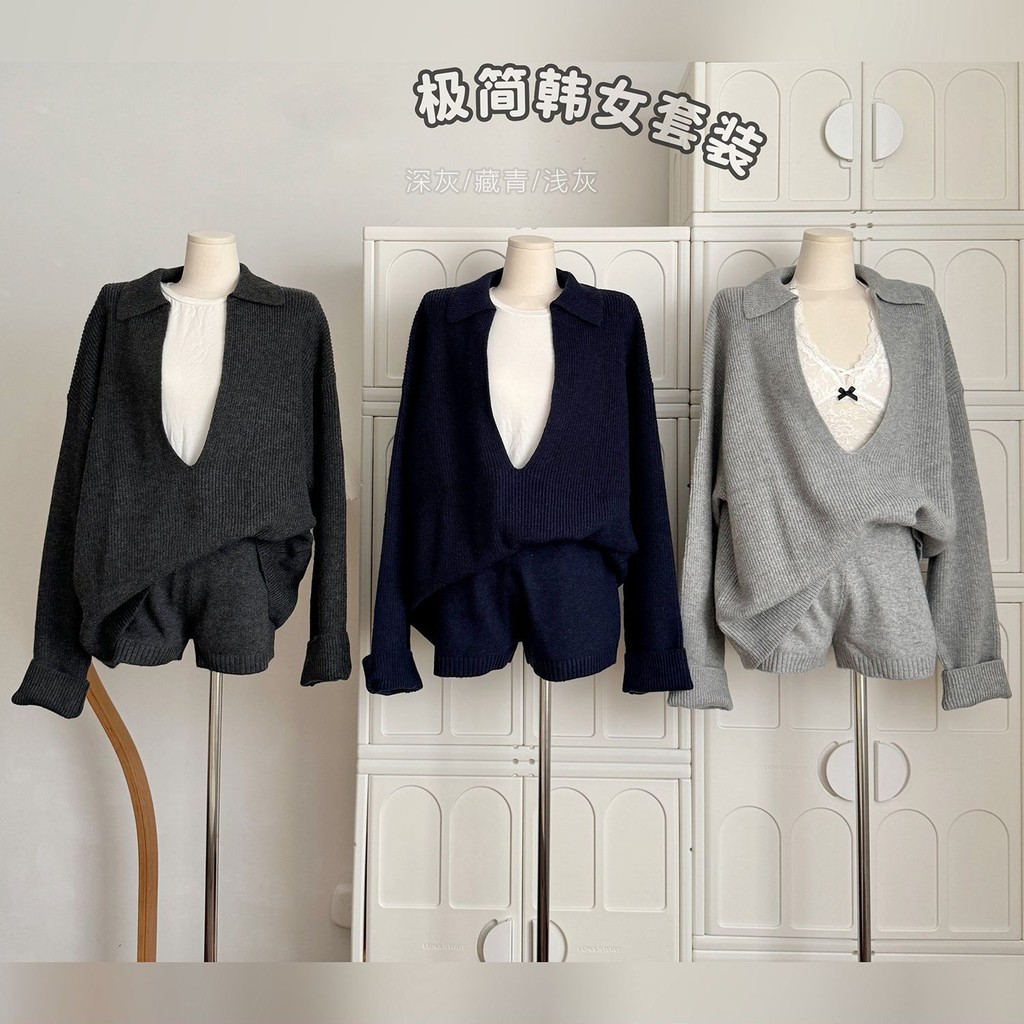 แมทช์ง่ายผู้หญิงลายหลัดลุ่ยหลวม24ออกแบบคอวีใหญ่ฤดูใบไม้ร่วงและฤดูหนาวเสื้อสเวตเตอร์หลวมใหม่กางเกงขาส