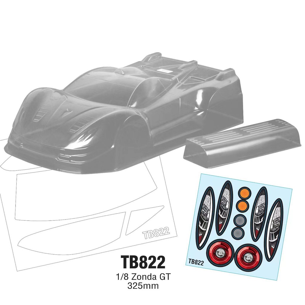 TB822 1/8 Zonda GT, ฐานล้อ 325 มม., เปลือกรถ PC โปร่งใส/ปีกหลัง, ความหนา 0.8 มม.