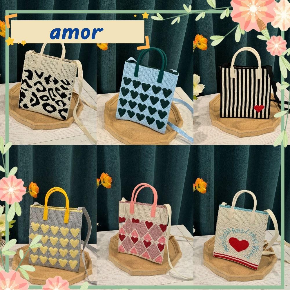 Amor12 กระเป๋าถือถัก, Love Series กระเป๋าสะพายแบบใช้ซ้ําได้, แฟชั่นการ์ตูนโพลีเอสเตอร์ความจุสูง Knot สายรัดข้อมือสําหรับสาว