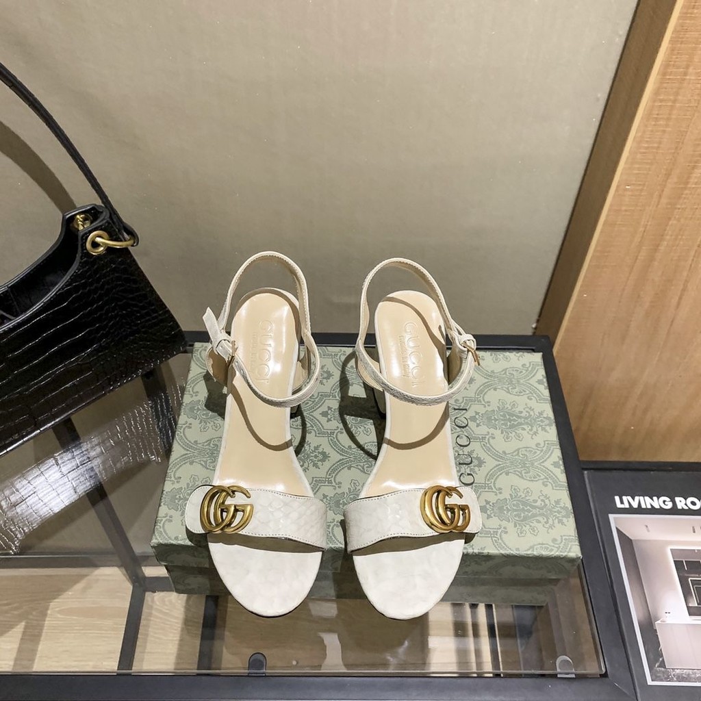 Gucci2024 รองเท้าแตะส้นสูงที่สวยงามสายรัดหลัง 7CM รองเท้าแตะรองเท้าแตะผู้หญิง