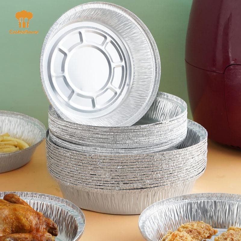 Ckfr ถาดดีบุกสําหรับ Air Fryer กล่องดีบุกเตาอบถาดอบอลูมิเนียมฟอยล์ทิ้งบนโต๊ะอาหารอลูมิเนียมฟอยล์ชามกล่องอาหารกลางวันใหม่