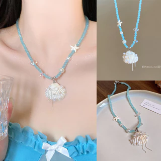 สร้อยคอพร้อมจี้ necklace สีโดพามีน เปลือกหอยและปลาดาว ลูกปัดสี แฟชั่นหวานๆ ส่งเร็วS1292