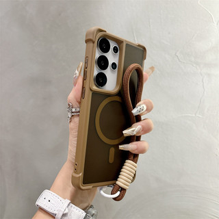 SAMSUNG พร้อมเชือกเส้นเล็กซุปเปอร์กันกระแทกแม่เหล็กเคสโทรศัพท์สําหรับSamsung Galaxy S25 S24 S23 Ultra S24 S25 Plusสี่มุมAnti Dropปลอกป้องกันลายนิ้วมือMatte Hard PCปกหลัง