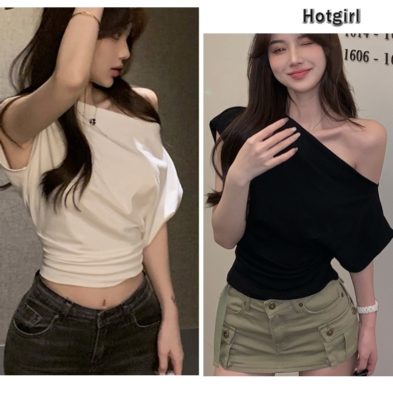 Have you เสื้อยืดแขนสั้นเปิดไหล่ด้านหน้าสีชมพูผู้หญิงฤดูร้อนเกาหลีสั้นสาวร้อนด้านบน