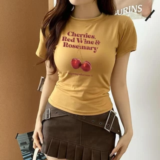 G01-10 เสื้อยืดสีดำ แขนสั้นพิมพ์ลายเชอรี่ สุดน่ารัก แนวเกาหลี หลายไซส์ ผ้านิ่มสวมใส่สบาย ใส่ได้ทุกโอกาส ราคาถูก