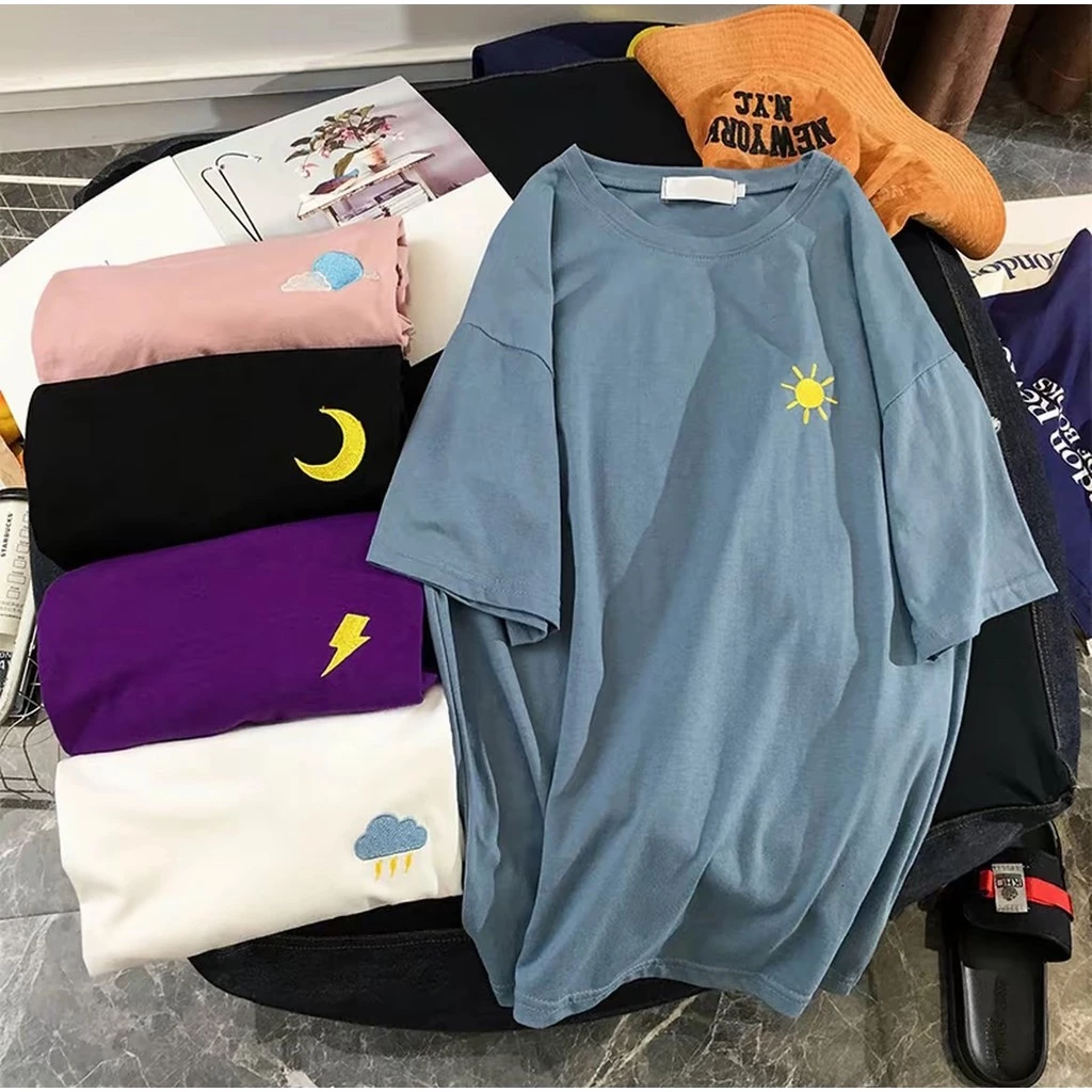 ✨Fairy style✨ เสื้อยืด แขนสั้น คอกลม แขนสั้น ลายปัก Day & Night ผ้านิ่ม ผ้าลื่น สวมใส่สบาย #9012