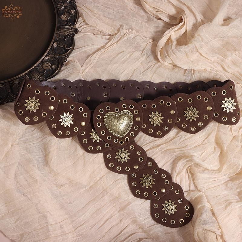 เข็มขัดผู้หญิงหัวใจPUคุณภาพสูง ออกแบบเรโทร ลายหัวใจขนาดใหญ่ สไตล์เดนิมกว้าง เพิ่มความโดดเด่นด้วยสไตร์พังค์สตีม